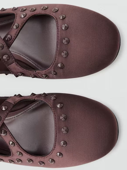 Chocolate Satin Round-Toe Middle Crossed Straps And Studs Flats