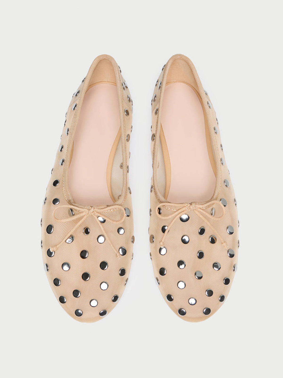 Sand Mesh Round-Toe Chic Front Bow Slip-On Studs Ballet Flats