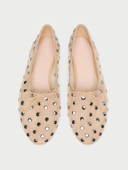 Sand Mesh Round-Toe Chic Front Bow Slip-On Studs Ballet Flats