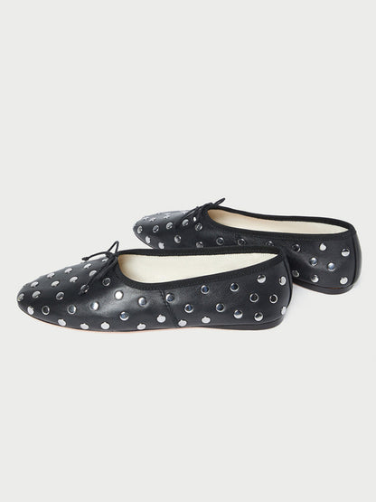 Black Round-Toe Chic Front Bow Slip-On Studs Ballet Flats