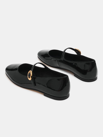Black Patent Leather Square-Toe Buckle Mary Jane Ballet Flats