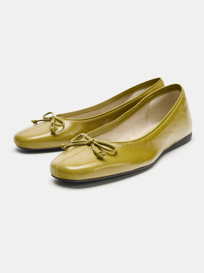 Green Square-Toe Front Chic Bow Slip-On Ballet Flats