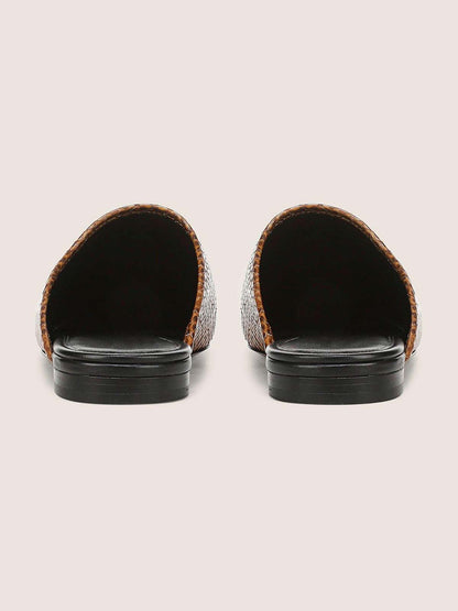 Brown Snakeskin Pattern Square-Toe Chic Backless Simple Flats