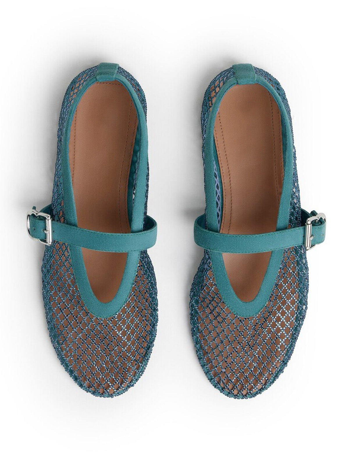 Blue Mesh And Faux Suede Round-Toe Buckle Mary Jane Ballet Flats