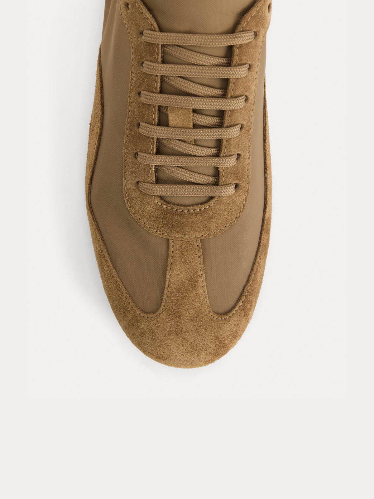 Tan Faux Suede And Cloth Round-Toe Lace-Up Ballet Sneakers