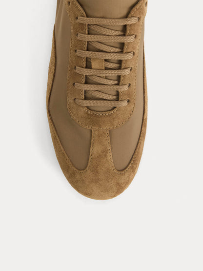 Tan Faux Suede And Cloth Round-Toe Lace-Up Ballet Sneakers