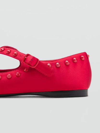 Red Satin Round-Toe Middle Crossed Straps And Studs Flats