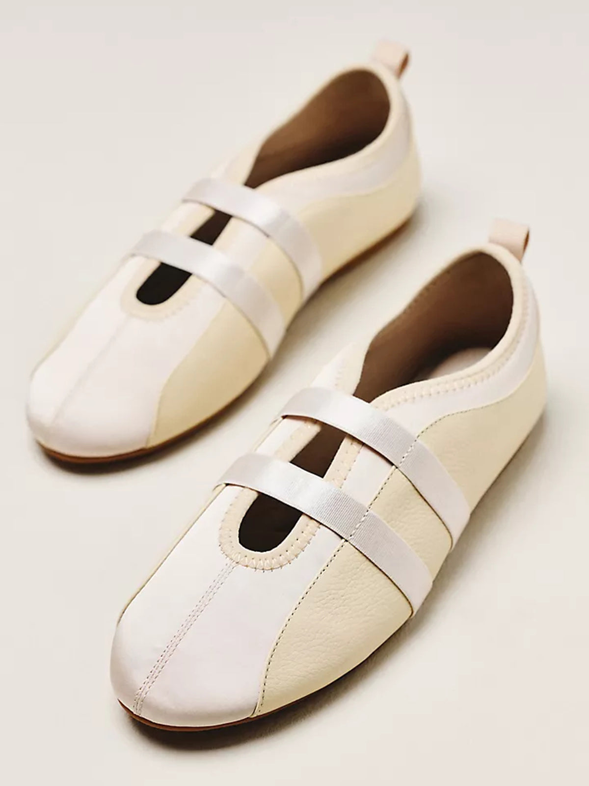 Cream Vegan Leather And Satin Round-Toe Double Middle Strap Sporty Ballet Sneakers