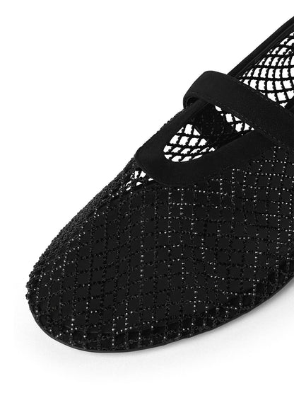 Black Mesh And Faux Suede Round-Toe Buckle Mary Jane Ballet Flats
