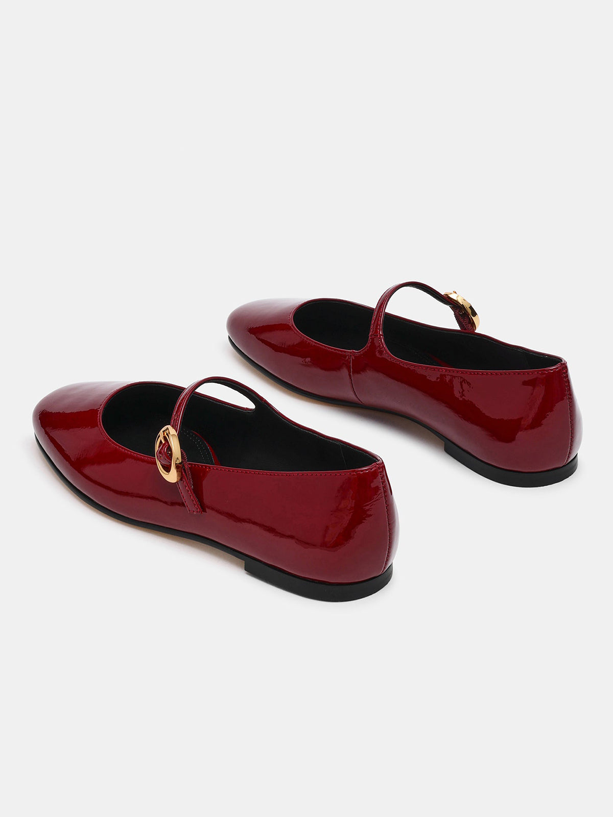 Burgundy Patent Leather Square-Toe Buckle Mary Jane Ballet Flats