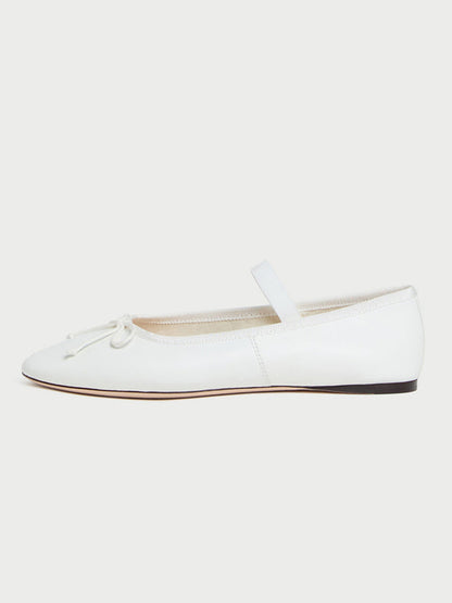 White Vegan Leather Round-Toe Mary Jane Front Bow Ballet Flats