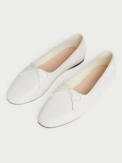 White Round-Toe Chic Front Bow Slip-On Ballet Flats