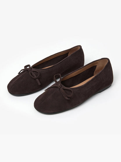 Chocolate Faux Suede Classic Square-Toe Front Bow Simple Ballet Flats
