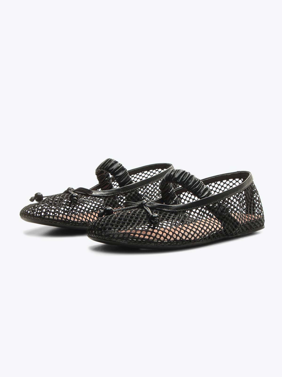Black Mesh Round-Toe Front Bow And Elastic Mary Jane Ballet Flats