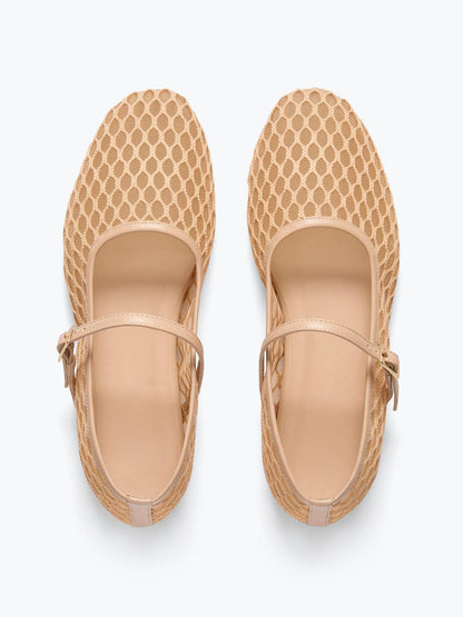 Chic Square-Toe Mary Jane Slip-On Ballet Flats - Nude Mesh