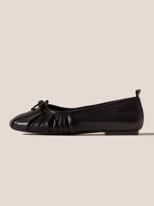 Black Round-Toe Front Bow Slip-On Pleated Flats