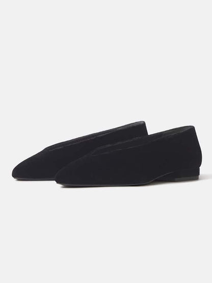 Black Velvet Pointed-Toe Slip-On Ballet Flats