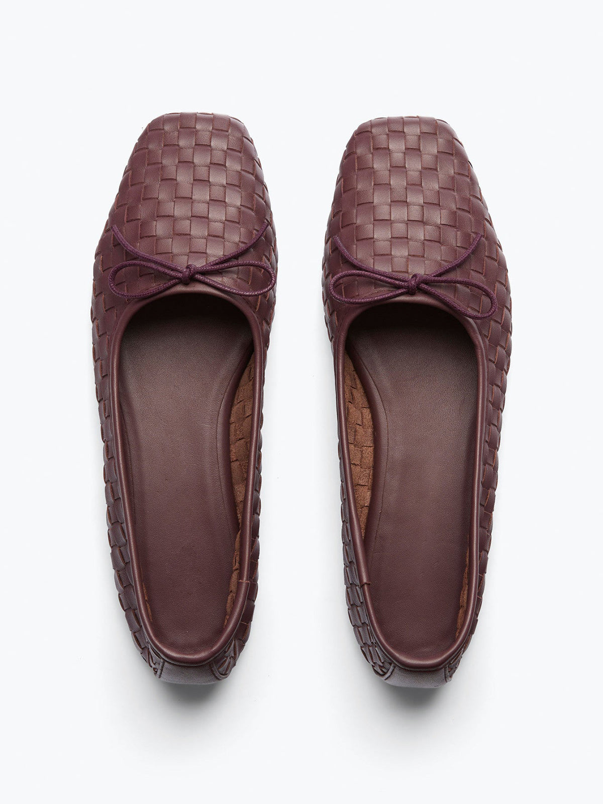 Woven Vegan Leather Square-Toe Front Bow Slip-On Ballet Flats - Cranberry