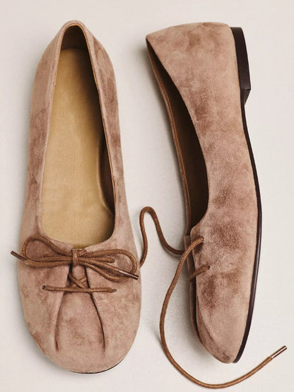 Taupe Faux Suede Round-Toe Front Bow Ballet Slip-On Flats