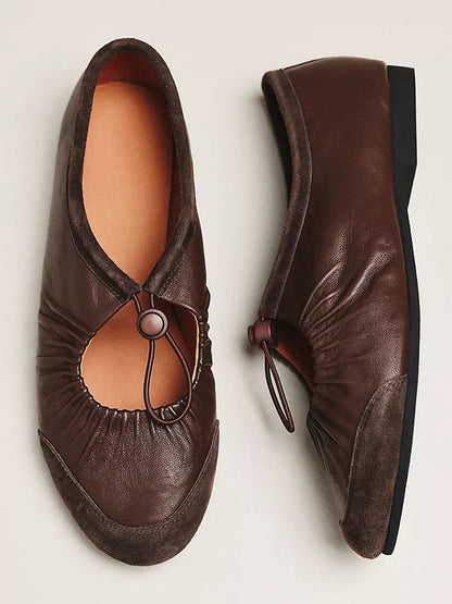 Chocolate Faux Suede And Vegan Leather Round-Toe Mary Jane Ballet Flats