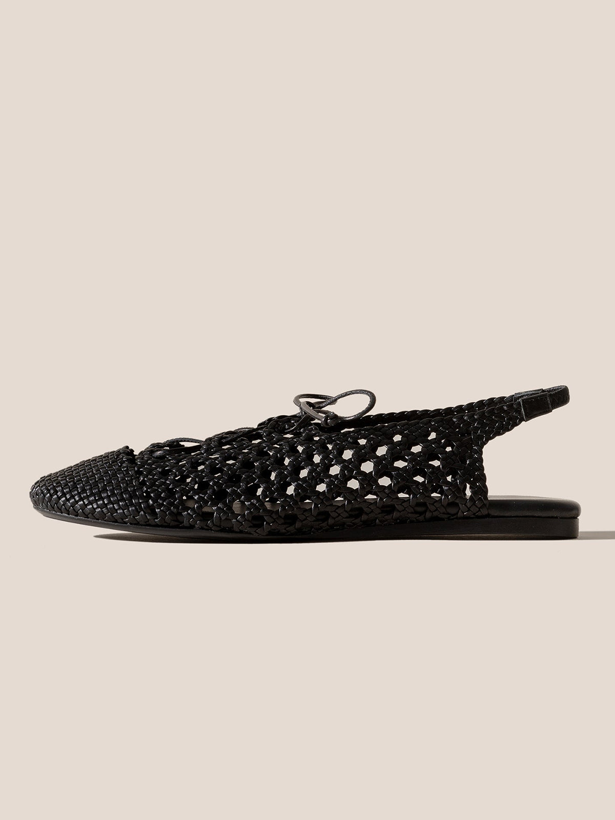Black Woven Vegan Leather Round-Toe Lace-Up And Slingback Flats Sandals