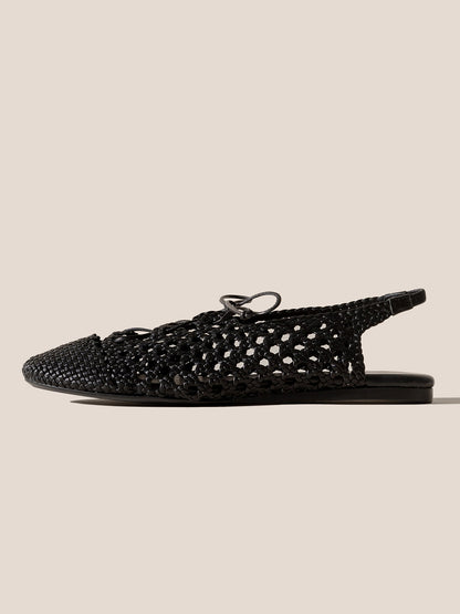 Black Woven Vegan Leather Round-Toe Lace-Up And Slingback Flats Sandals