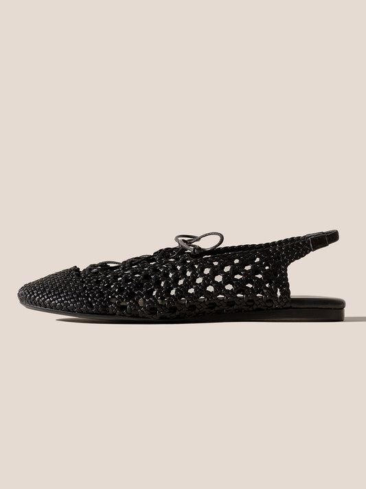 Black Woven Vegan Leather Round-Toe Lace-Up And Slingback Flats Sandals