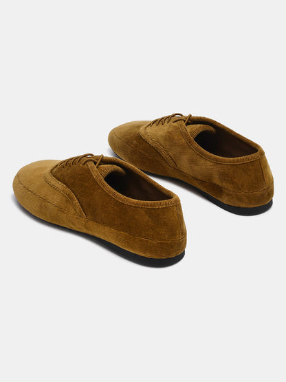 Brown Lint Round-Toe Lace-Up Slip-On Chic Flats