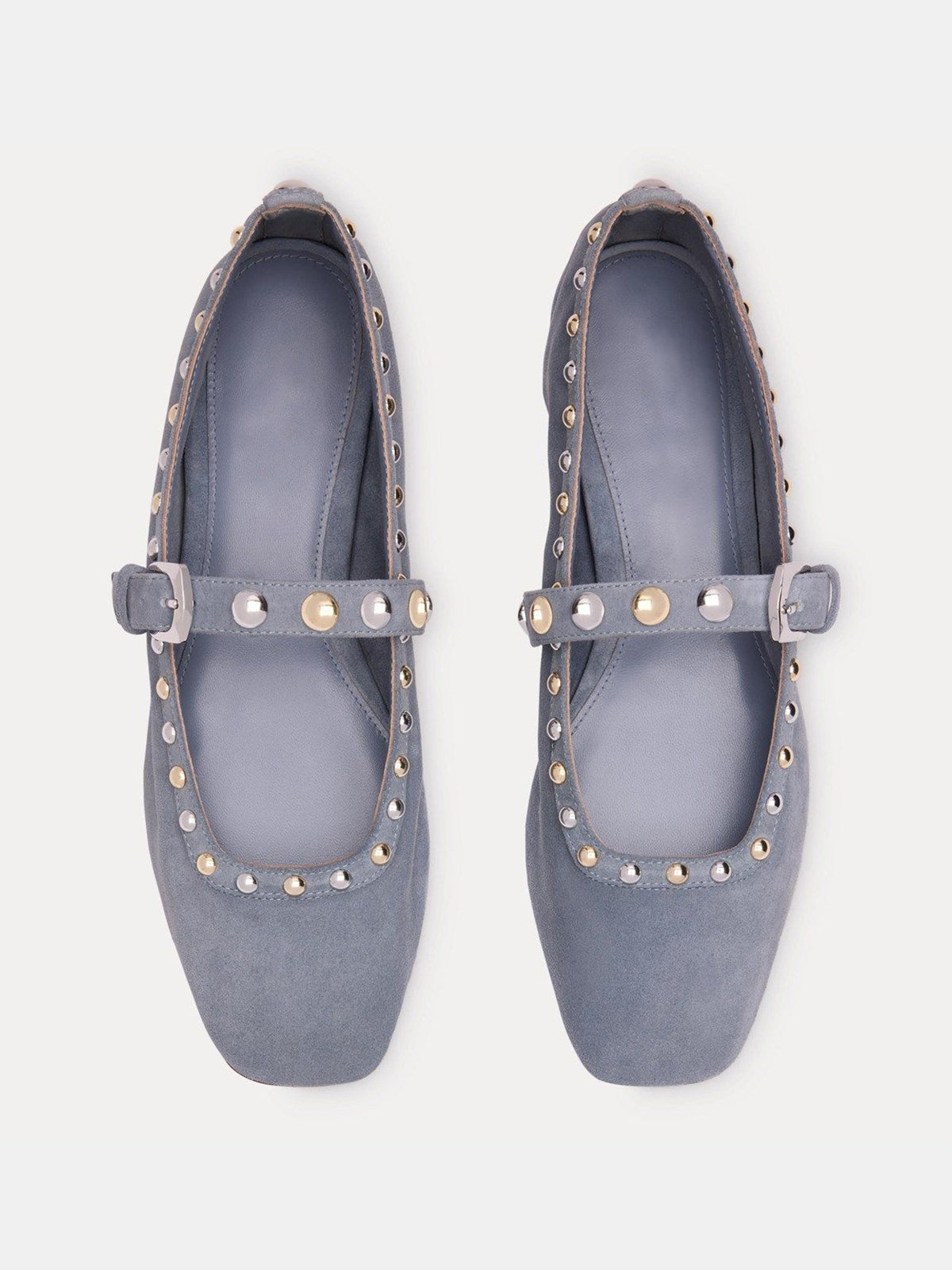Blue Faux Suede Square-Toe Buckle Middle Strap And Studs Flats