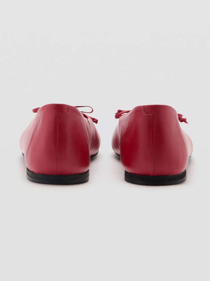 Red Vegan Leather And Faux Suede Round-Toe Front Bow Slip-On Ballet Flats