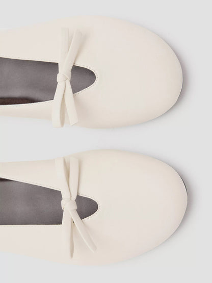 Ecru Round-Toe Front Bow Chic Ballet Flats