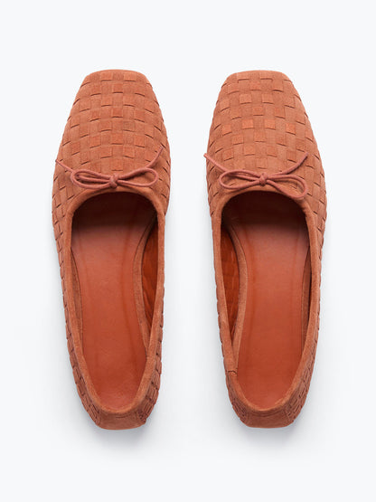 Woven Faux Suede Square-Toe Front Bow Slip-On Ballet Flats - Rosewood