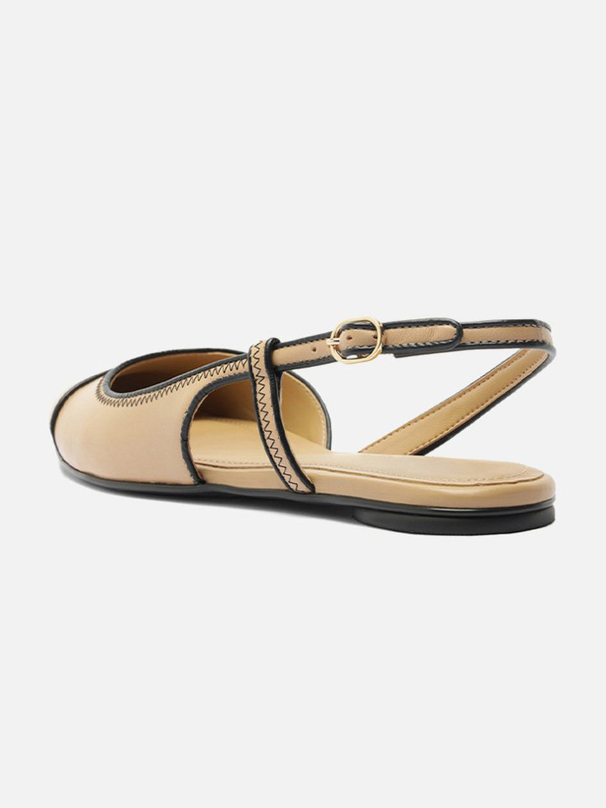 Tan Round-Toe Buckle Back Strap Chic Slip-On Flats