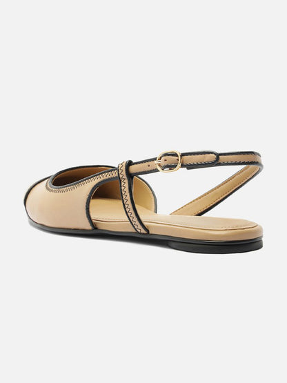 Tan Round-Toe Buckle Back Strap Chic Slip-On Flats