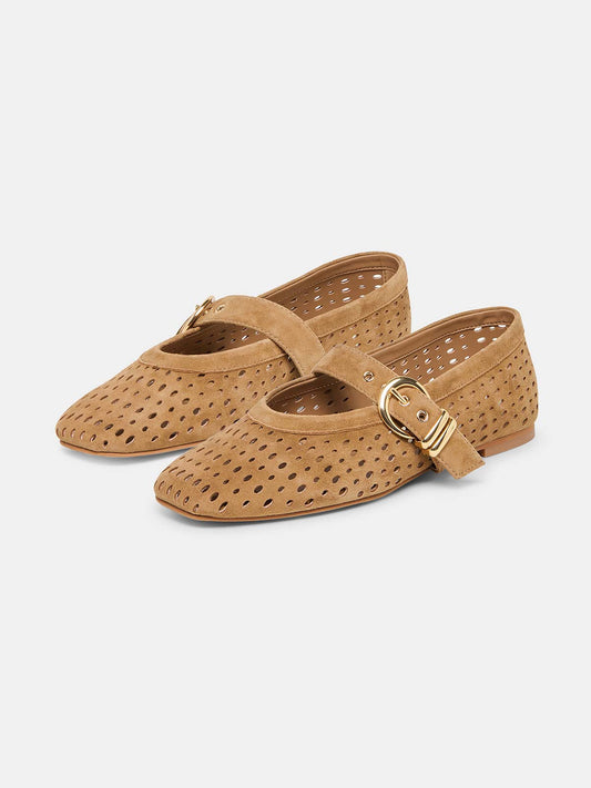 Brown Faux Suede Square-Toe Buckle Mary Jane Strap Ballet Flats