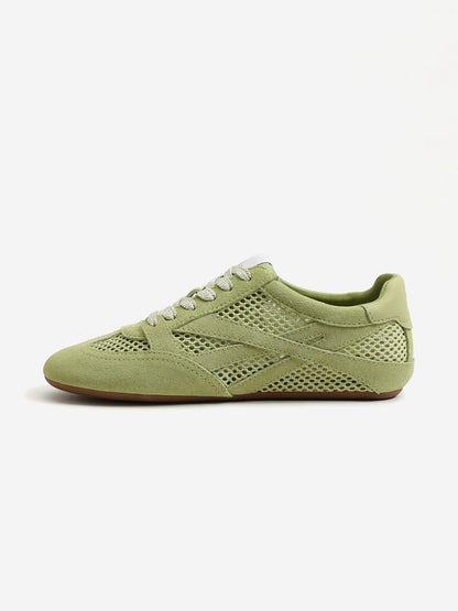 Green Cow Suede And Mesh Round-Toe Chic Lace-Up Flats Sneakers