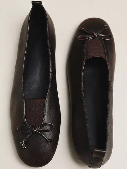 Coffee Square-Toe Front Bow Elastic Ballet Flats