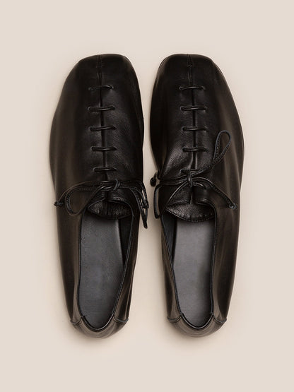 Black Square-Toe Chic Slip-On Flats With Lace-Up