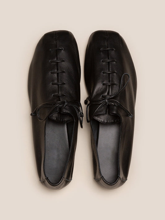 Black Square-Toe Chic Slip-On Flats With Lace-Up