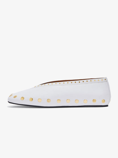 White Square-Toe Side Studs Slip-On Ballet Flats
