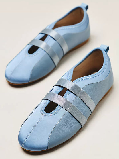 Blue Vegan Leather And Satin Round-Toe Double Middle Strap Sporty Ballet Sneakers