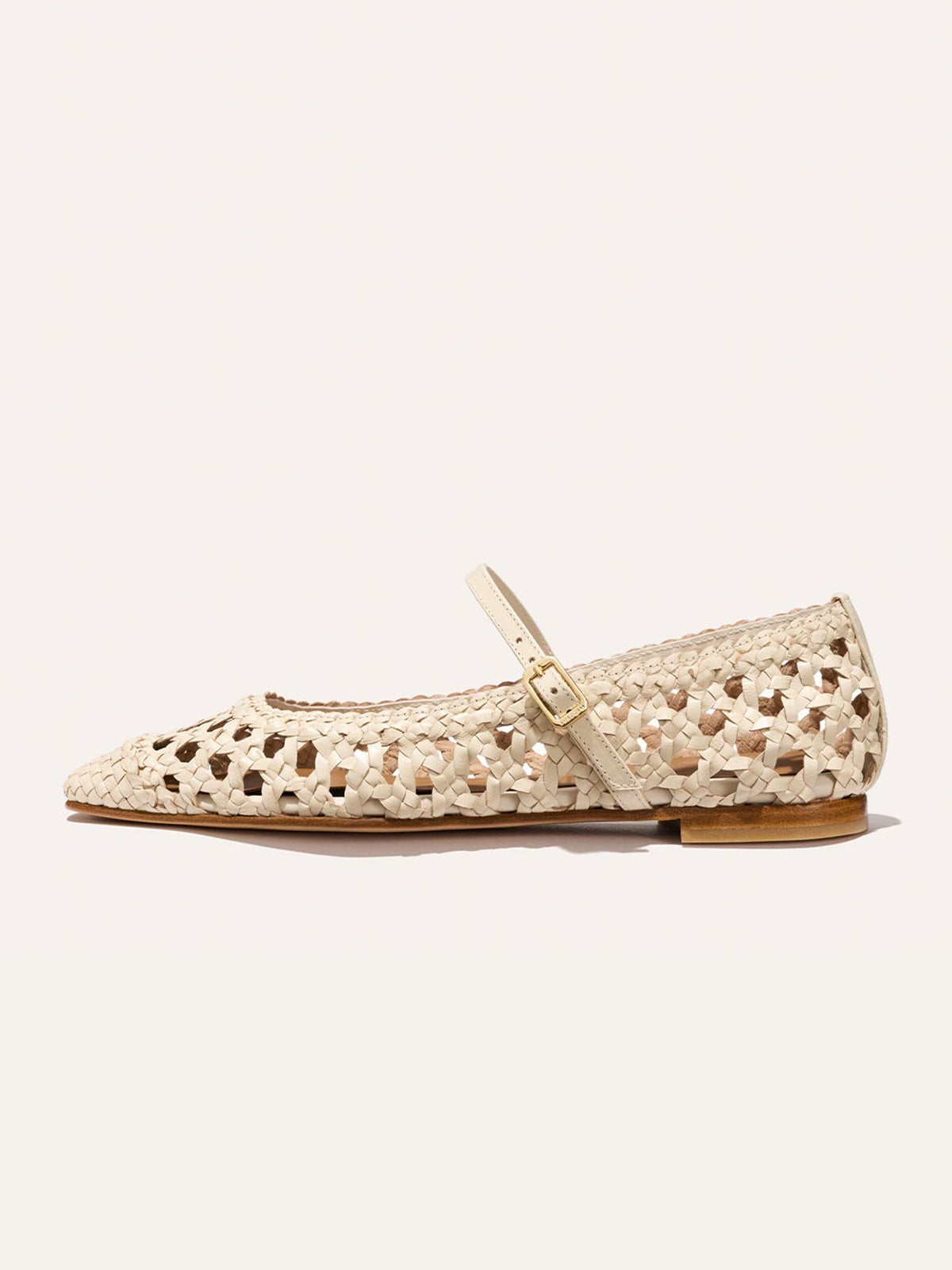 Cream Woven Vegan Leather Square-Toe Mary Jane Chic Ballet Flats