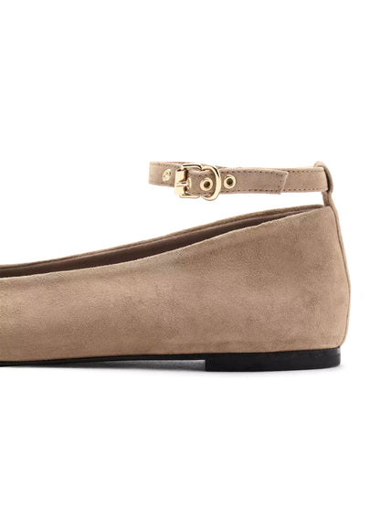Sand Faux Suede Round-Toe Chic Ankle Strap Ballet Flats