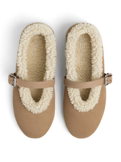 Camel Faux Suede And Plush Round-Toe Mary Jane Slip-On Flats