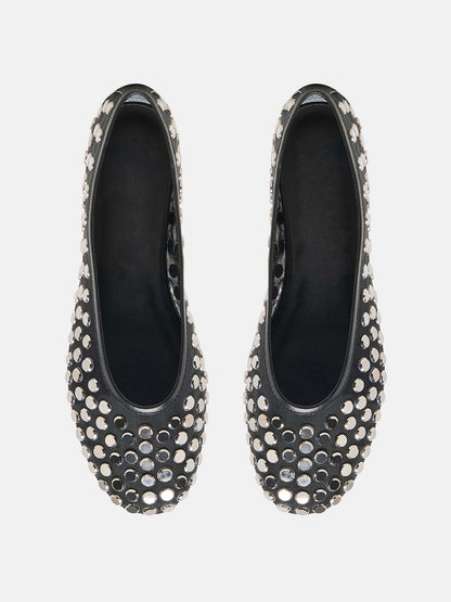 Green Mesh Round-Toe Full Studs Slip-On Ballet Flats
