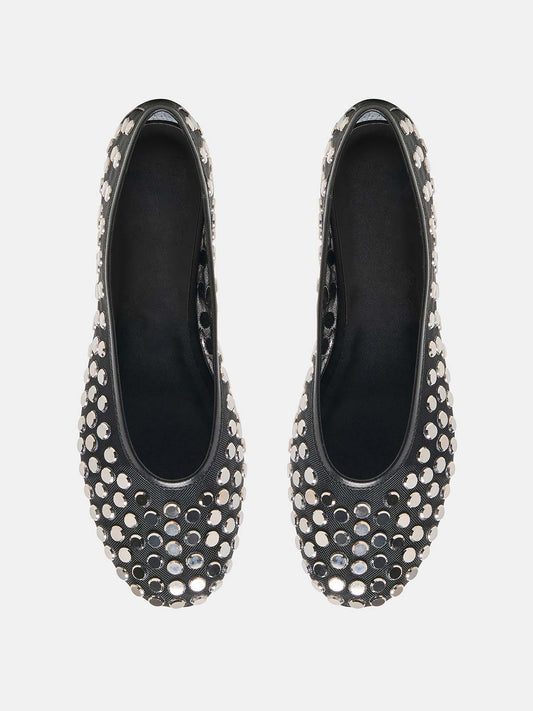 Green Mesh Round-Toe Full Studs Slip-On Ballet Flats