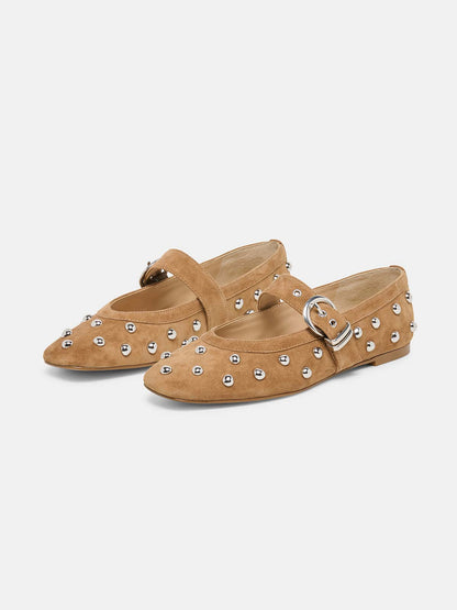 Brown Faux Suede Square-Toe Buckle Mary Jane Strap And Full Studs Ballet Flats