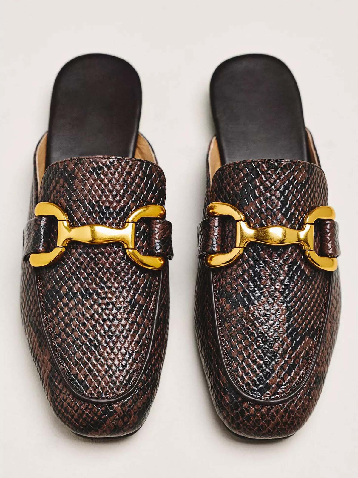 Snakeskin Pattern Vegan Leather Square-Toe Slip-On Backless Loafers Flats