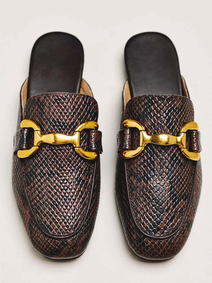 Snakeskin Pattern Vegan Leather Square-Toe Slip-On Backless Loafers Flats