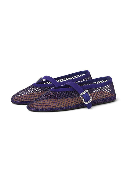Dark Blue Mesh And Faux Suede Round-Toe Buckle Mary Jane Ballet Flats